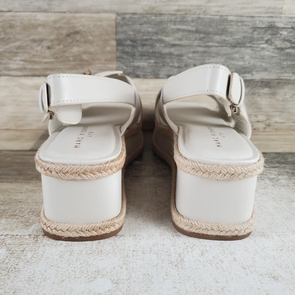 Marc Fisher Renda Womens Sandal Sz 8.5 M Ivory Leather Platform Buckle Slingback